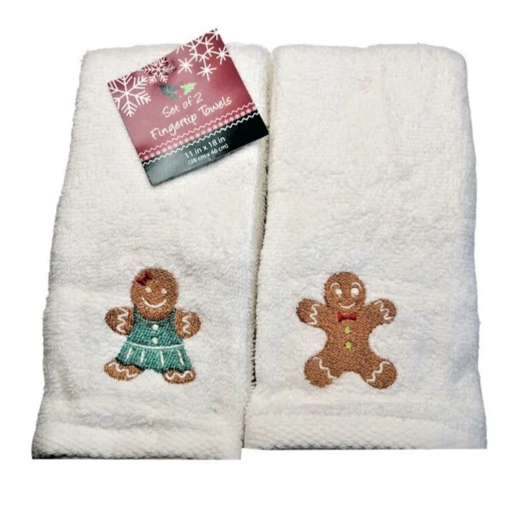 Gingerbread Man and Girl Christmas Fingertip Towels Embroidered White Set of 2